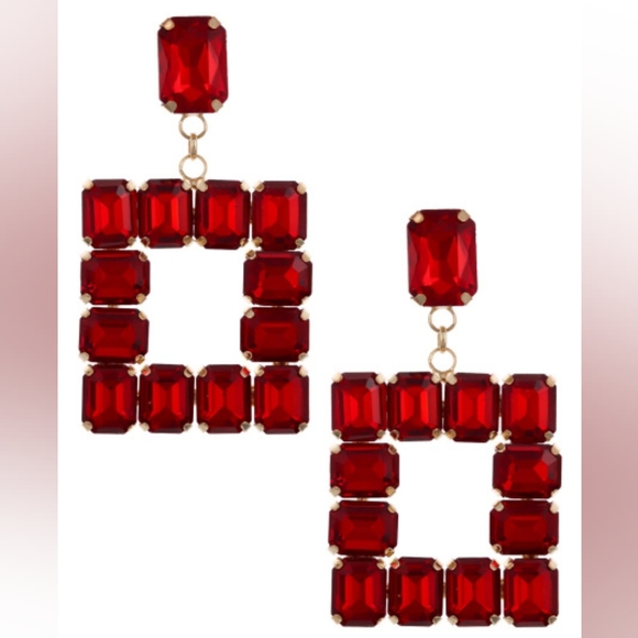 Square Red Glass Stone Statement Earring Set - Picture 1 of 4